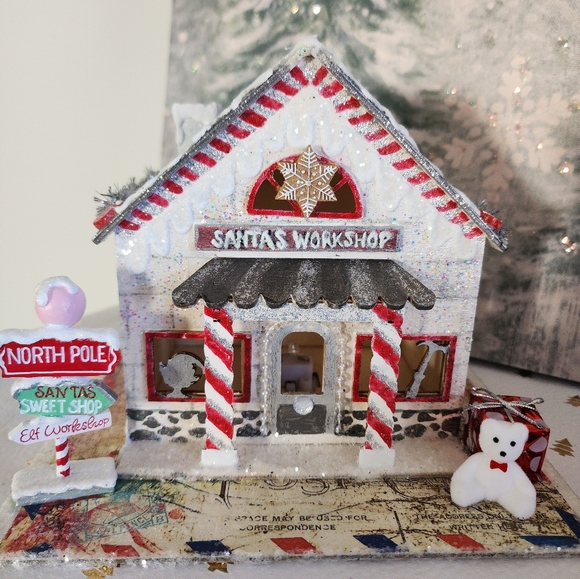 etro Inspired Upcycled LED Santa's Workshop Village House - Yellow Light - Picture 4 of 9